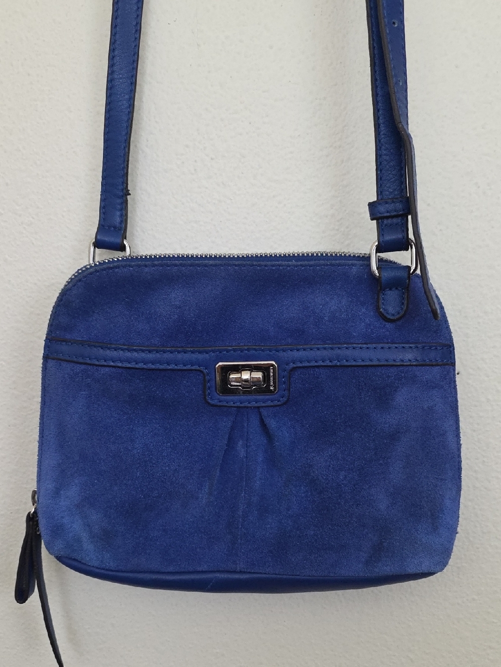 B. Makowsky Blue Suede Leather Crossbody Small Purse  9W x 6.5H X 2.5